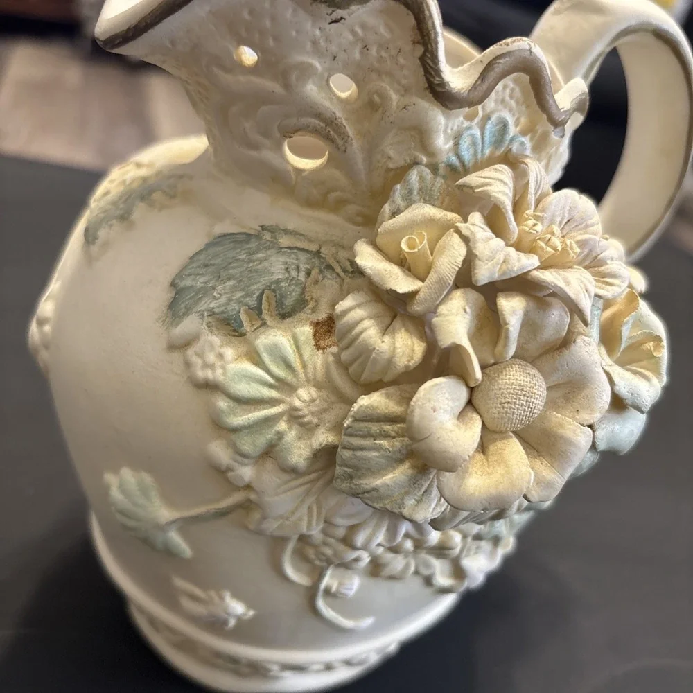 Capodimonte Porcelain Floral Pitcher Vase Reticulated Scalloped 7